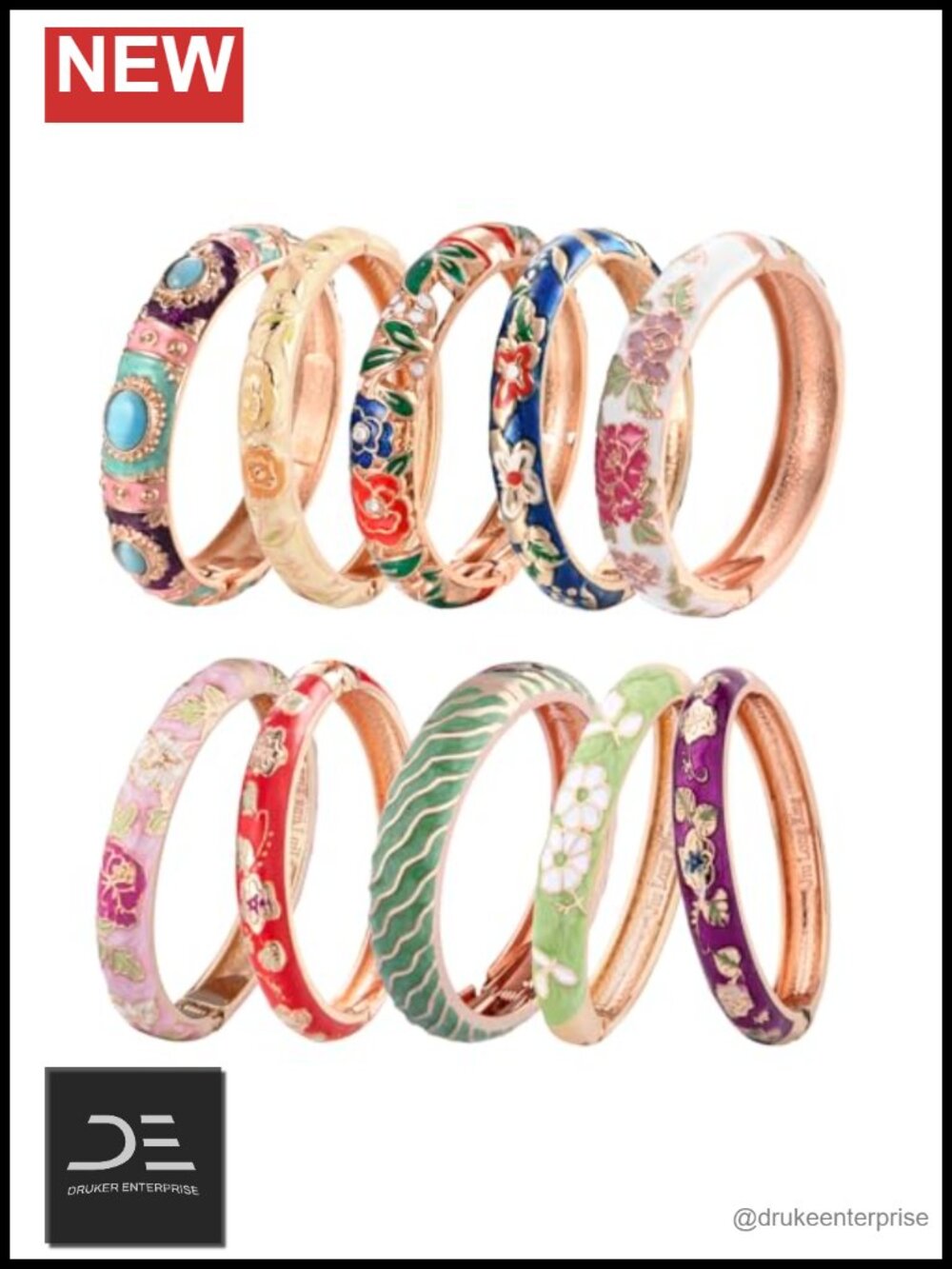 Vintage Gold Plated Enamel Bangle Bracelet Set Pack of 10 Flower Size 7.4